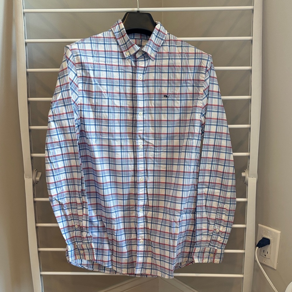Boys' Plaid Button-Down Shirt in White, Blue & Red